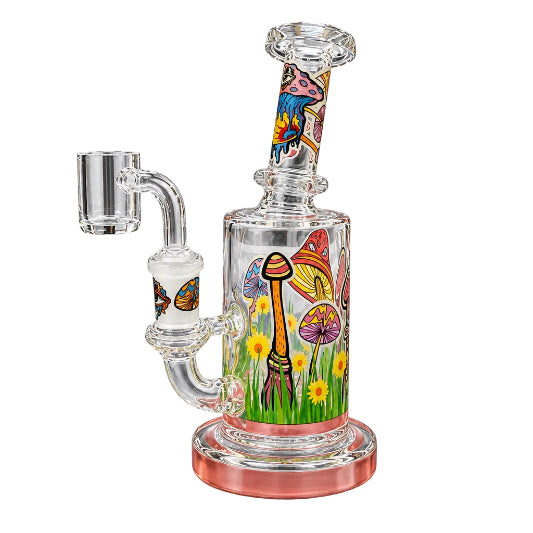 Glass smoking device with colorful mushroom design on a white background