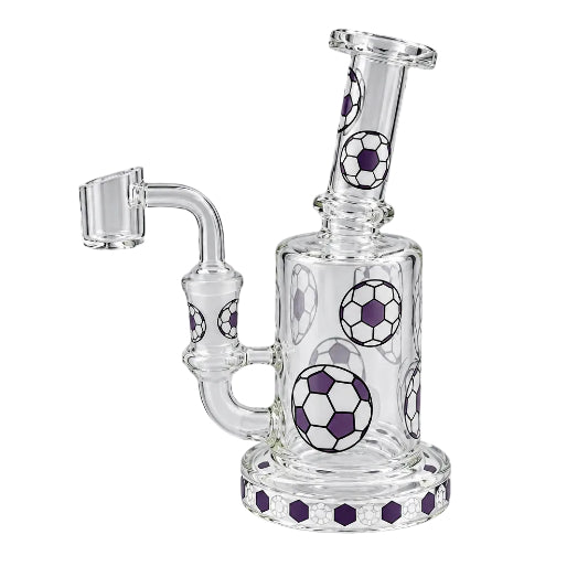 Glass water pipe with soccer ball designs on a white background
