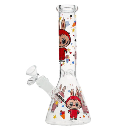 Glass smoking device with cartoon character design on a white background