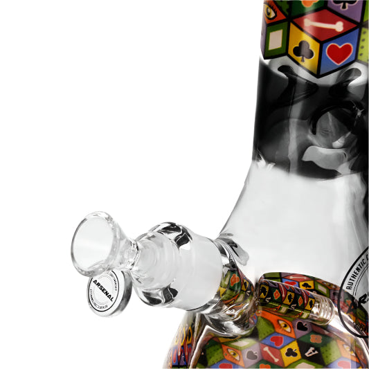 Glass smoking accessory with colorful geometric pattern on a white background