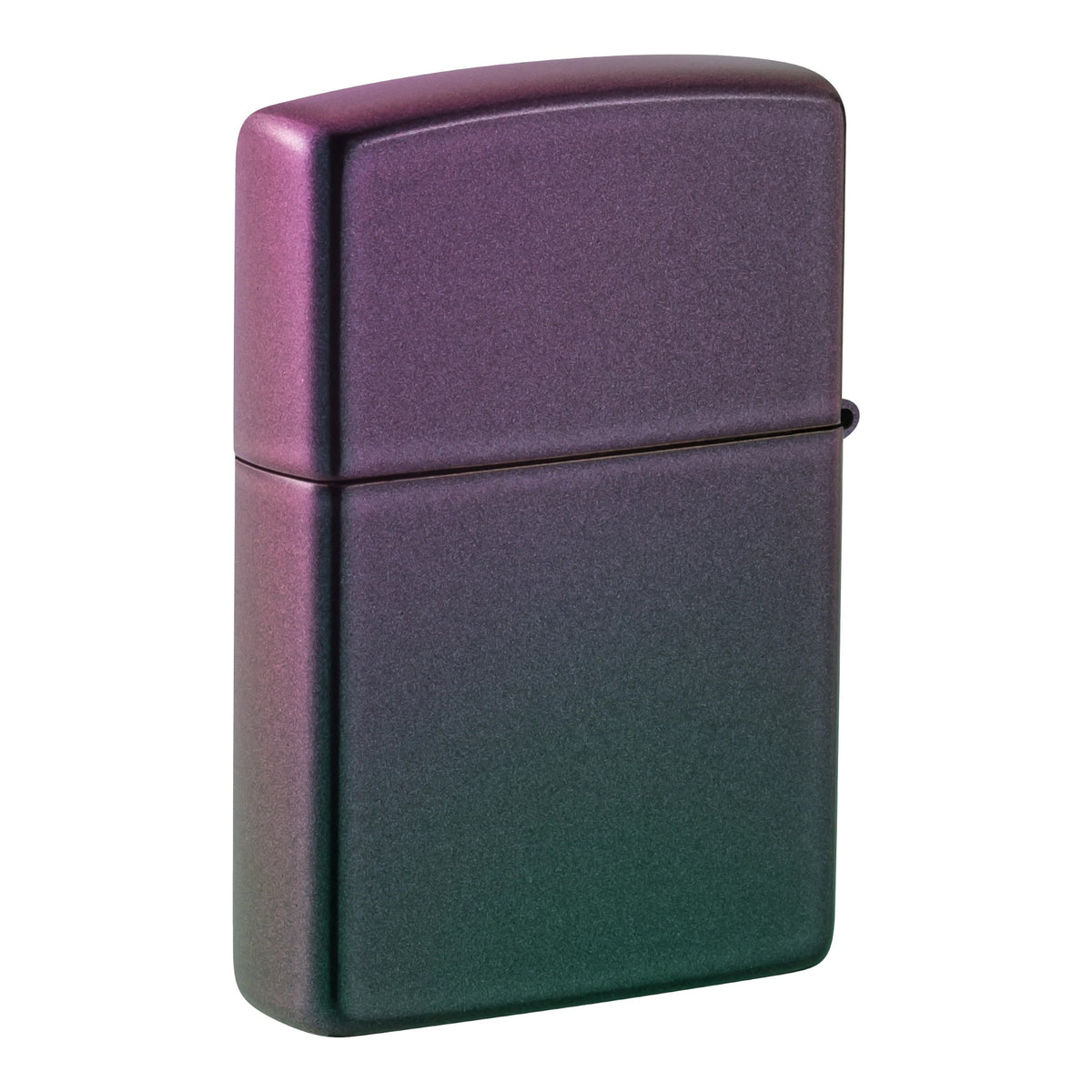 Back of a Zippo lighter with a smooth metallic gradient finish transitioning from purple and mauve at the top to dark teal green at the bottom, with rounded corners and a classic flip-top lid.