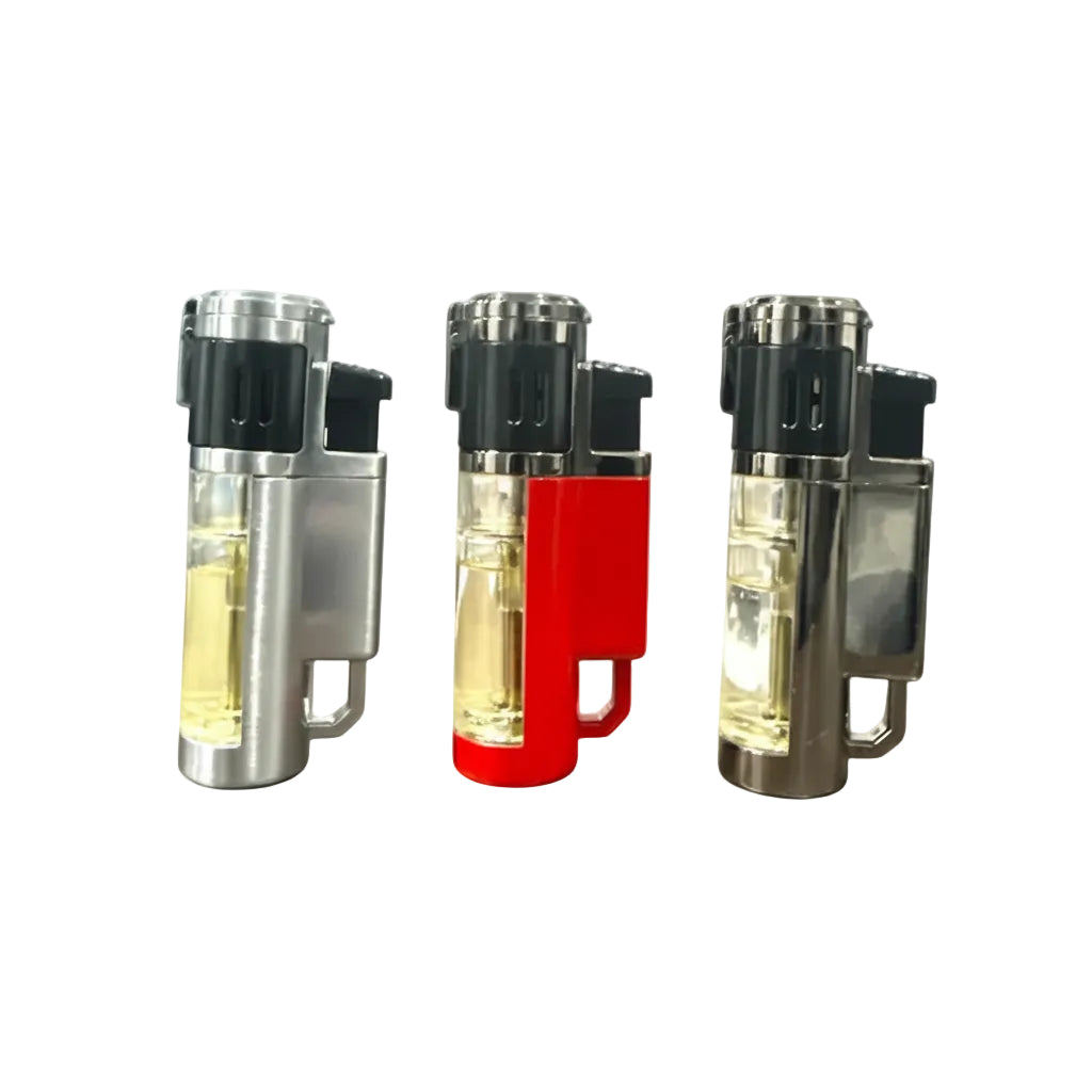 Three Colored Butane 4 Flame Torch Lighters standing upright on a white background, shown in silver, red, and dark metallic finishes with clear tanks containing a pale yellow liquid.