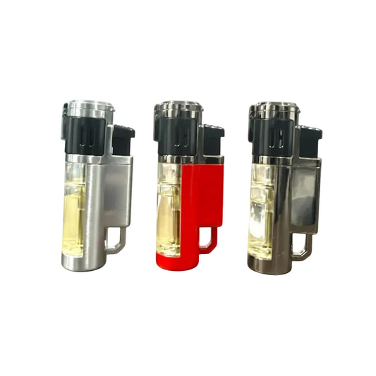 Three Colored Butane 4 Flame Torch Lighters standing upright on a white background, shown in silver, red, and dark metallic finishes with clear tanks containing a pale yellow liquid.