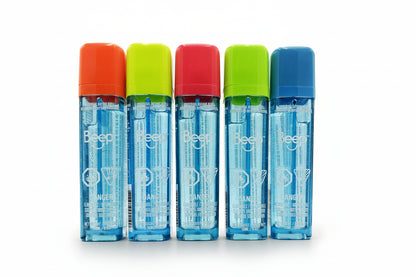 Five Beep brand personal safety spray bottles lined up side-by-side on a white background, featuring different colored caps: orange, lime green, red, green, and blue.