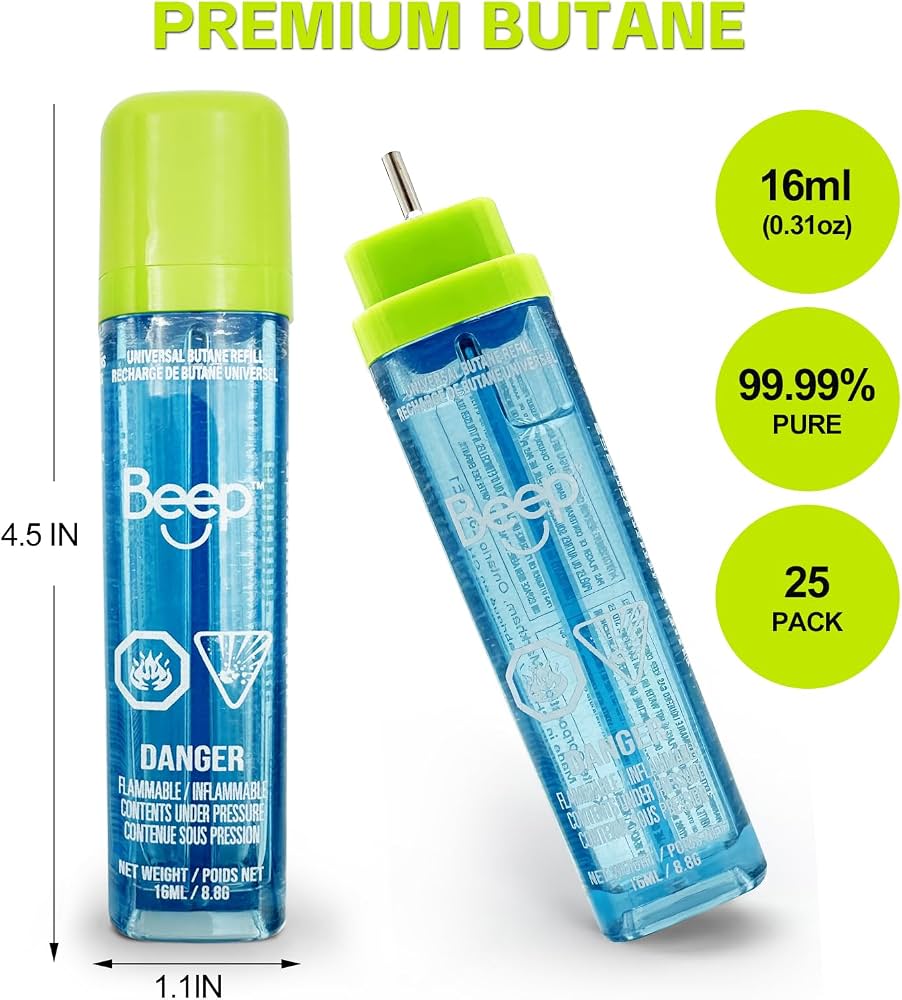 Two blue transparent refill bottles labeled Beep with bright green caps on a white background, with text reading PREMIUM BUTANE and circular callouts for 16ml, 99.99% PURE, and 25 PACK.