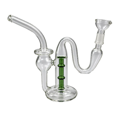 Glass smoking device with a green accent on a white background