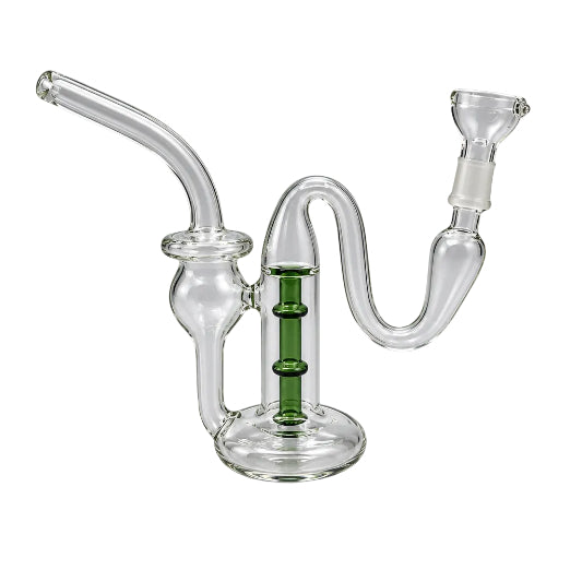 Glass smoking device with a green accent on a white background