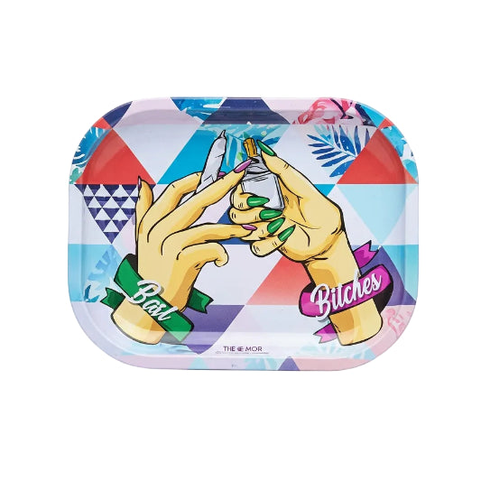 Colorful tray with geometric design and hands with best bitches logo on white background