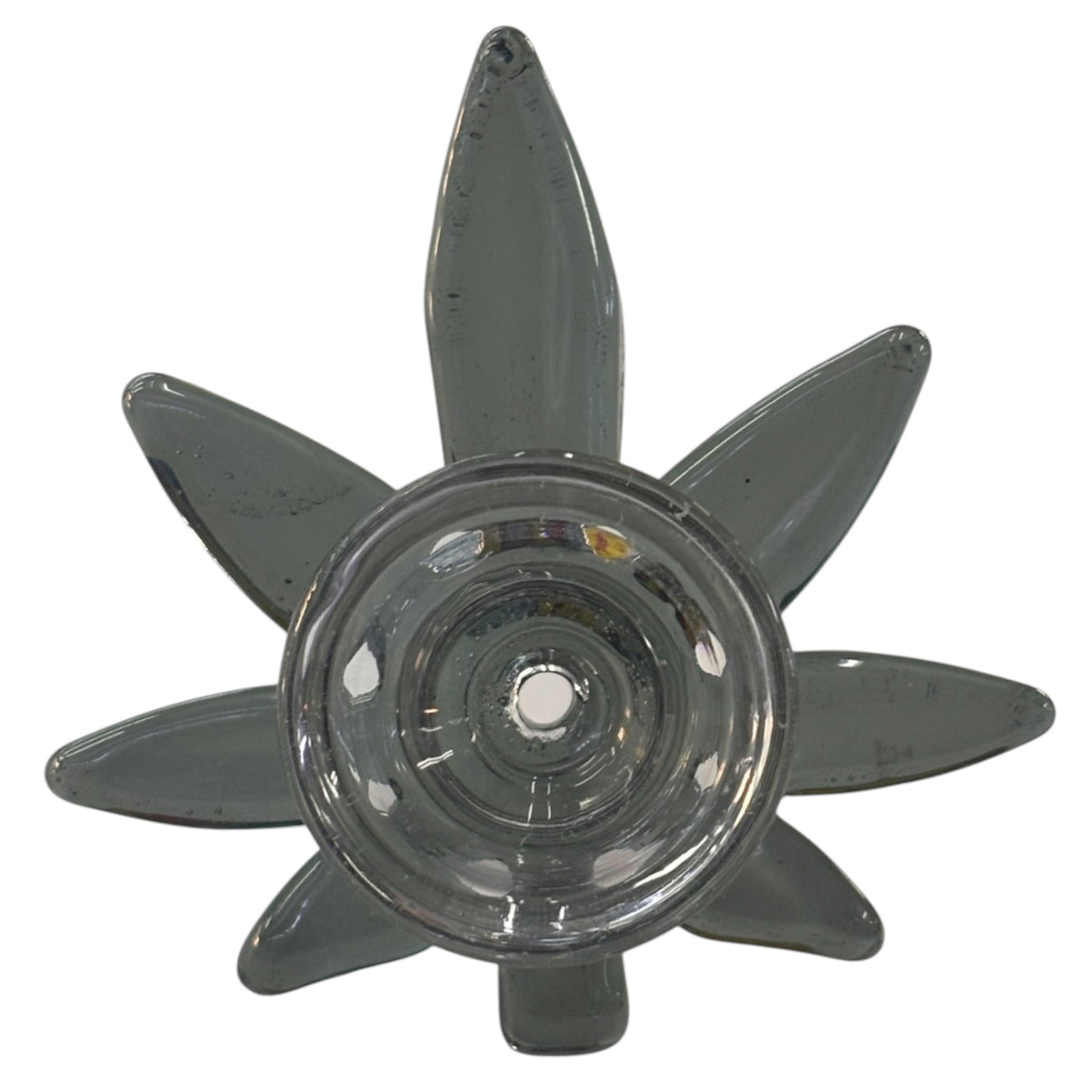 Grey cannabis leaf herb bowl with a weed leaf shape around the bowl, circular centre opening, side handle, and clear glass joint for a water pipe. The Wee Smoke Shop