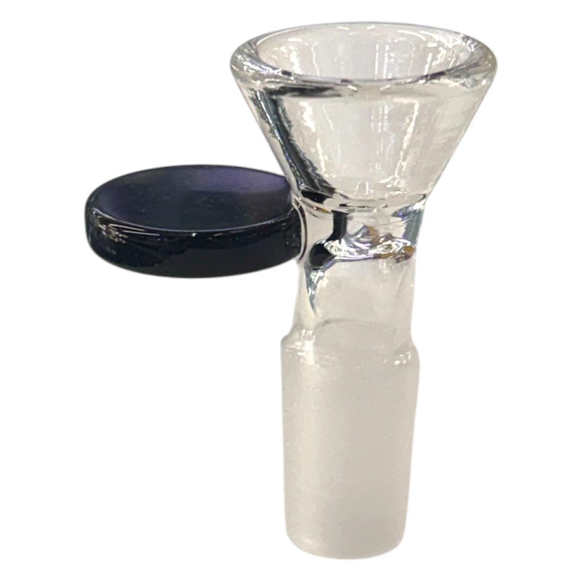 Clear 14mm glass bowl piece with a frosted male joint, funnel-shaped bowl, and flat black side handle. - The Wee Smoke Shop