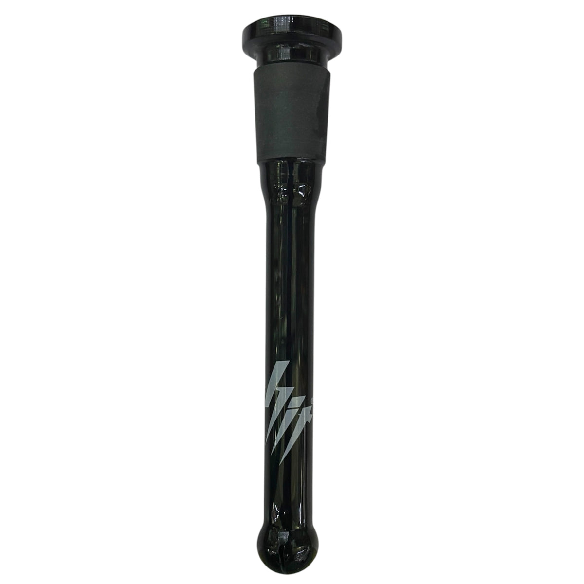 Black glass 14mm downstem with a frosted joint, closed-end tip, and diffused slits at the bottom. Features a white lightning-style logo on the stem. - The Wee Smoke Shop