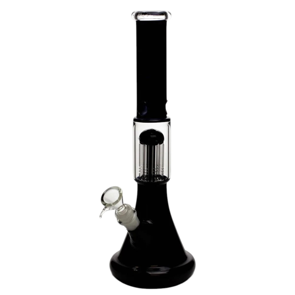 Black and clear 14 inch glass beaker bong with a black coloured neck and base, clear tree percolator chamber, angled bowl, and diffused downstem on a white background. The Wee Smoke Shop