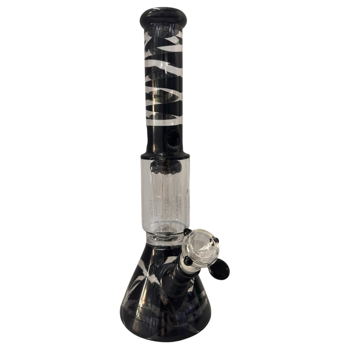 Black spiral stripe glass beaker bong with a black mouthpiece, black patterned neck and base, clear percolator chamber, angled bowl, and diffused downstem. The Wee Smoke Shop