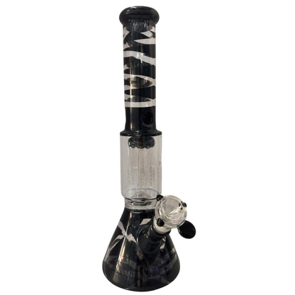 Black spiral stripe glass beaker bong with a black mouthpiece, black patterned neck and base, clear percolator chamber, angled bowl, and diffused downstem. The Wee Smoke Shop