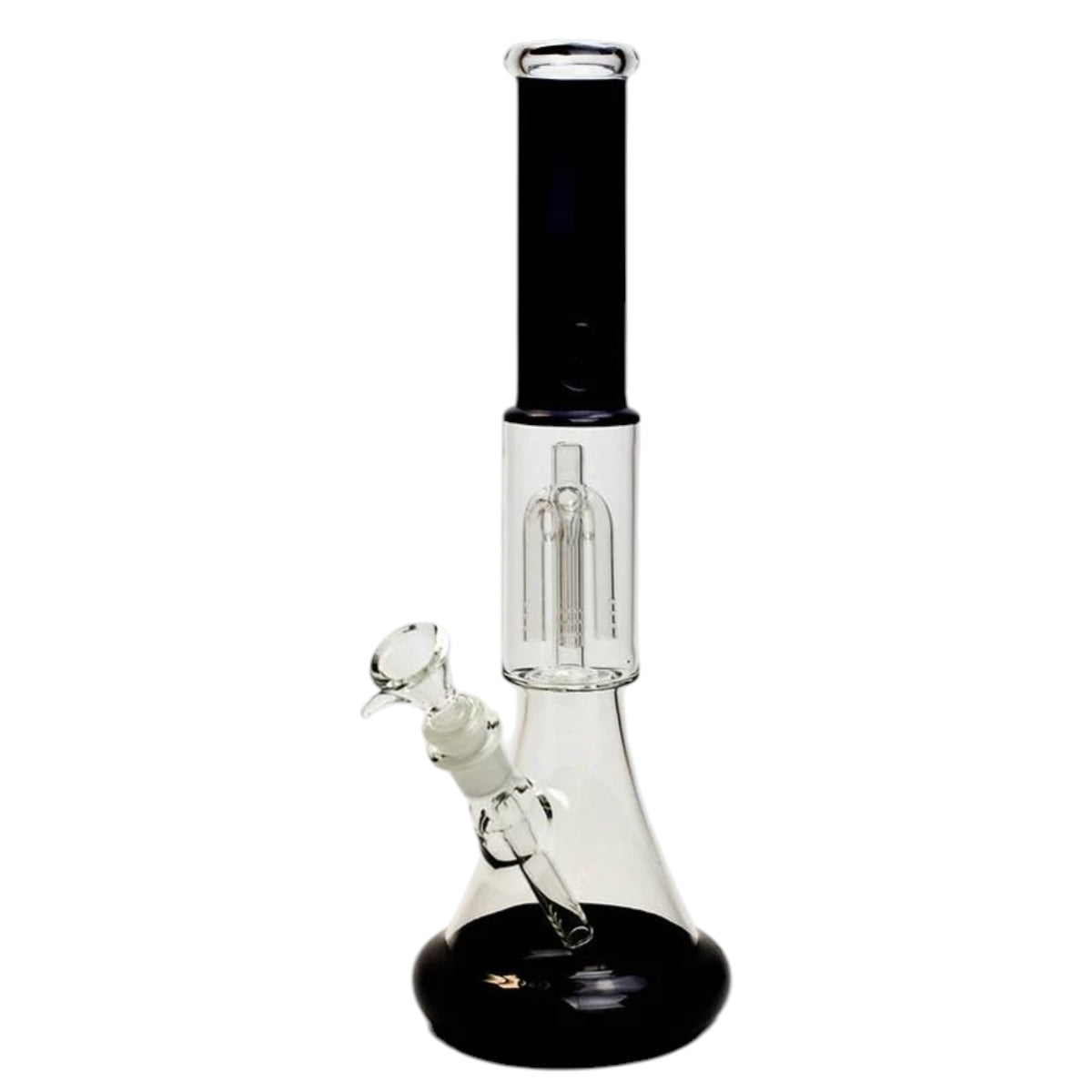 Black and clear 14 inch glass beaker bong with a black mouthpiece tube, black beaker base, clear 4-arm percolator chamber, angled bowl, and diffused downstem on a white background. The Wee Smoke Shop