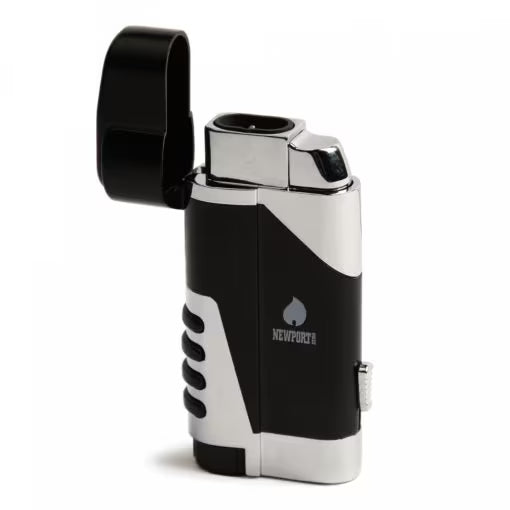 A Newport Torch lighter with a black and silver body, featuring a black ignition cover that is open, set against a plain white background.