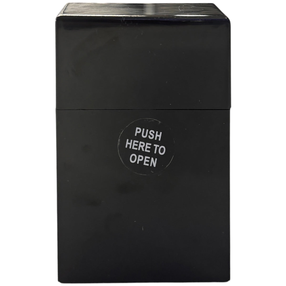 Black hard shell cigarette case with a rectangular design, glossy finish, and “push here to open” button on the front.
