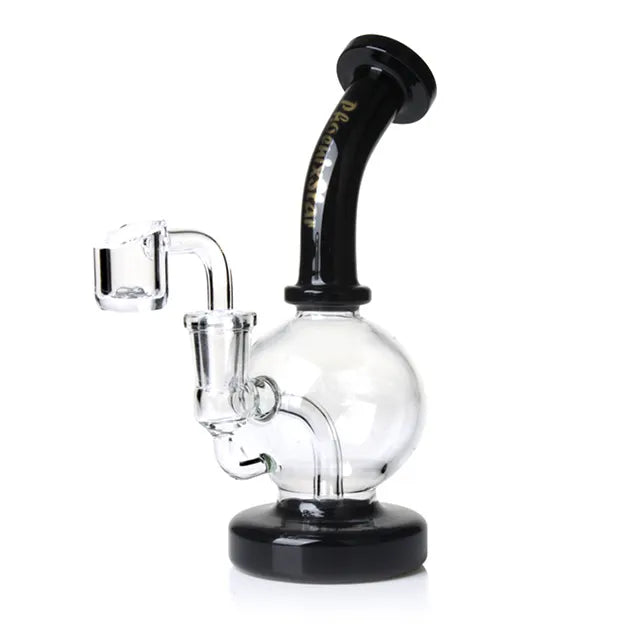 Glass smoking dab rig with black accent on a white background