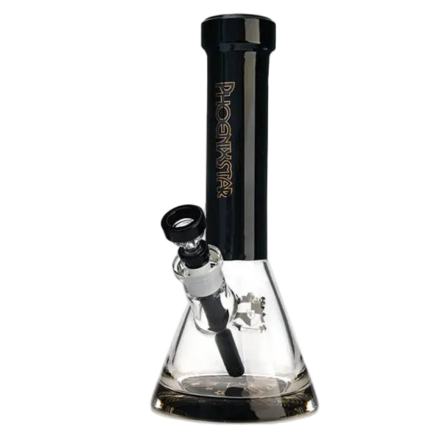 Glass bong with black color and 'Phoenix' branding on a white background.