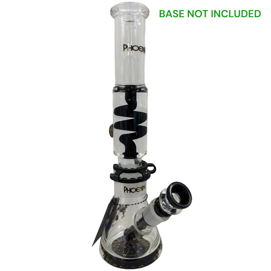 Clear glass water pipe with black accents on a white background, featuring the brand 'Phoenix'.
