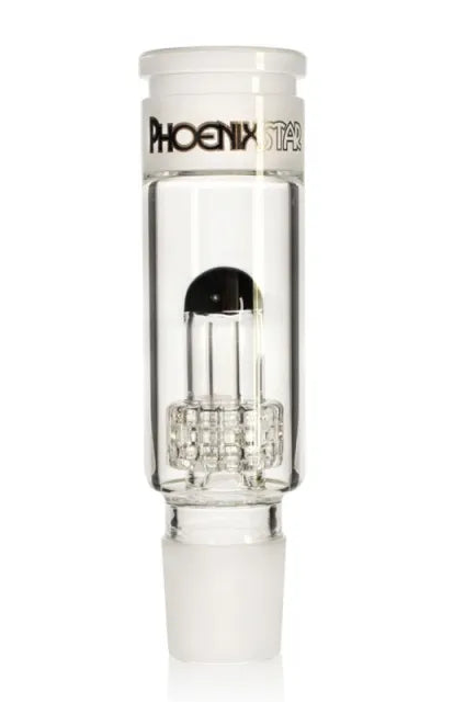 Clear glass smoking accessory with 'Phoenix' branding on a white background