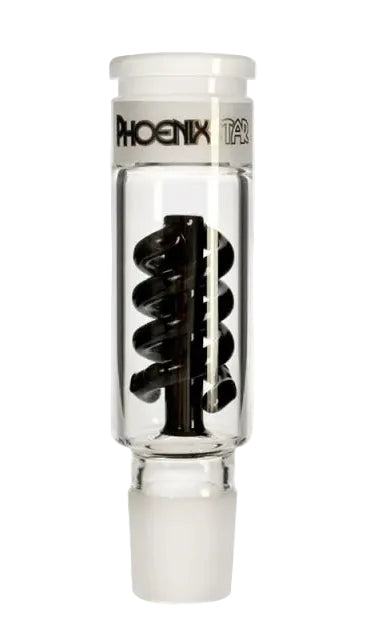 Glass smoking accessory with black spiral perc on a white background