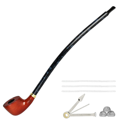 Pulsar Shire Pipes long-stem pipe with a reddish-brown bowl, curved black stem, white pipe cleaners, folding pipe tool, and silver mesh screens shown on a white background. - The Wee Smoke Shop