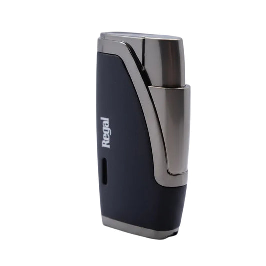A Regal branded 2 flame  lighter with a black textured body and metallic silver accents, standing upright on a white background.