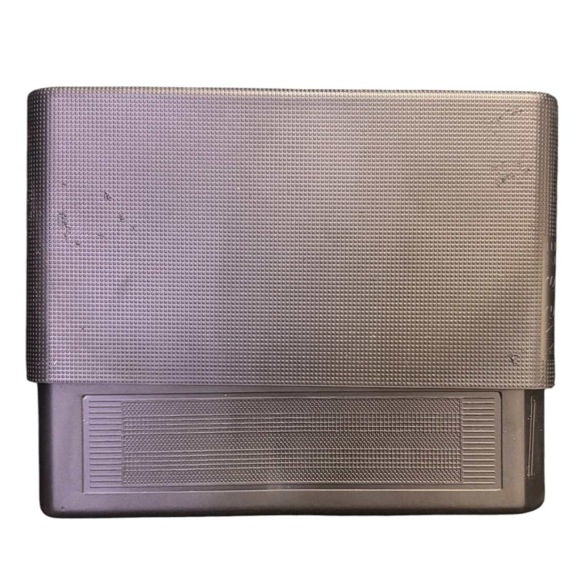 Grey slide-top cigarette case with a flat rectangular shape, textured finish, and removable top section for opening.