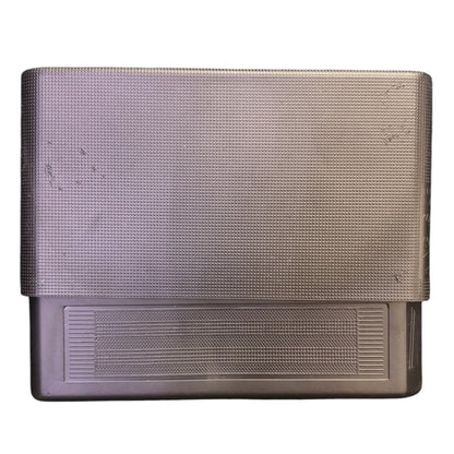 Grey slide-top cigarette case with a flat rectangular shape, textured finish, and removable top section for opening.