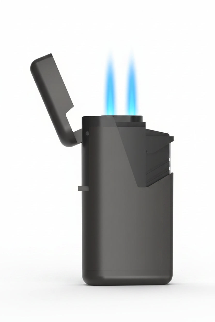 Black lighter with blue flames on a white background