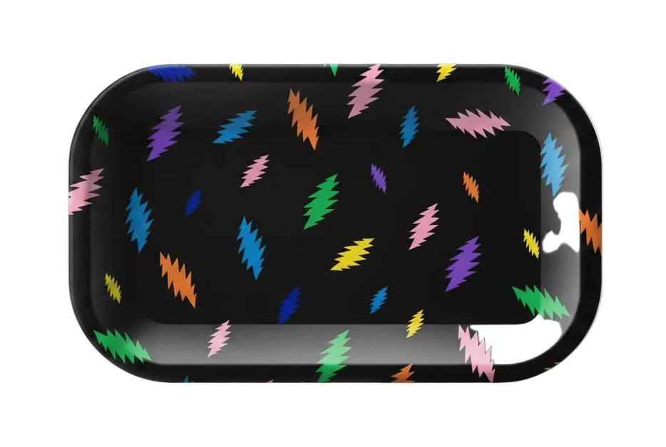 Rectangular black tray with colorful abstract patterns on a white background