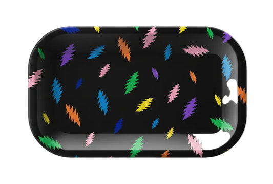 Rectangular black tray with colorful abstract patterns on a white background