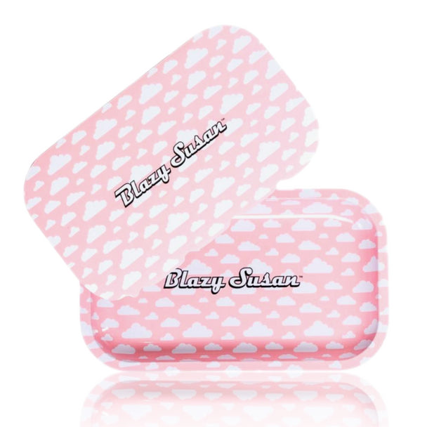 Pink heart-shaped case with white cloud pattern and 'Blazzy Susan' branding on a white background.