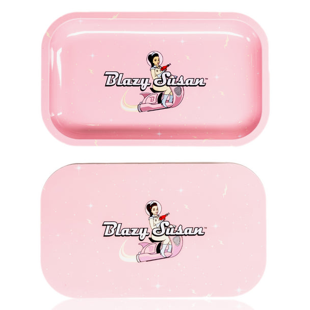 Two pink trays with 'Blazy Susan' logo on a white background