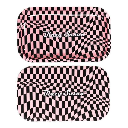 Medium Size metal tray with a matching  with 'Blazy Susan' trippy branding on a white background