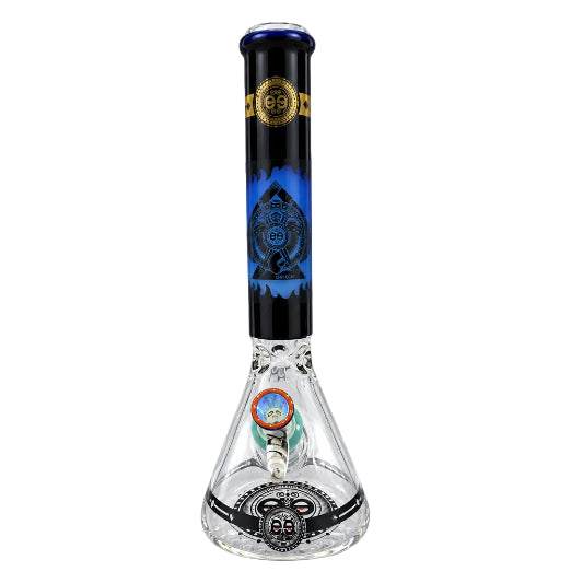This image features two Cheech 14" Protest the Crest Bongs, each uniquely adorned with vibrant, countercultural-themed artwork. On display are details such as the bong's thick glass construction, approximately 14mm bowl size, and the 7mm thickness.