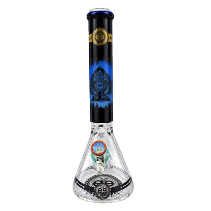 This image features two Cheech 14" Protest the Crest Bongs, each uniquely adorned with vibrant, countercultural-themed artwork. On display are details such as the bong's thick glass construction, approximately 14mm bowl size, and the 7mm thickness.