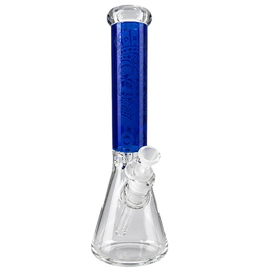 Clear glass beaker with blue handle on a white background