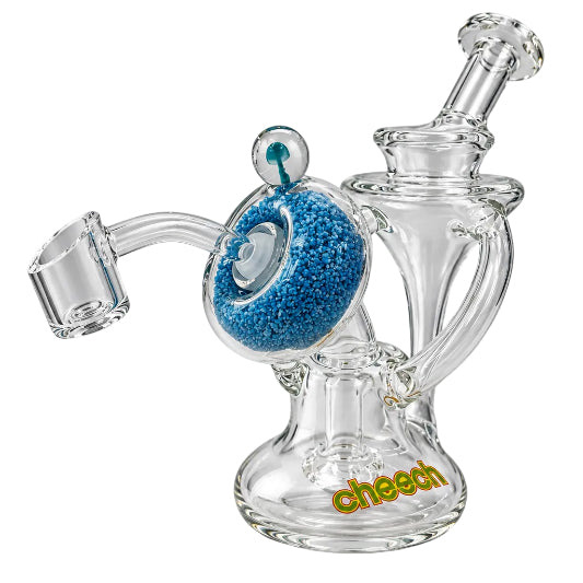 Clear glass smoking device with blue sand and 'cheech' branding on a white background