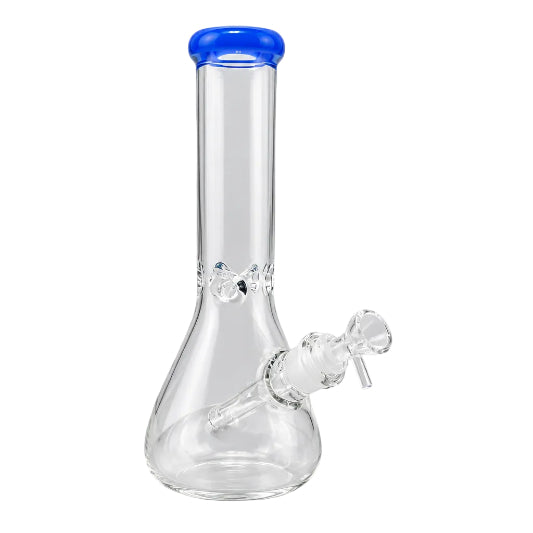 Clear glass water pipe with blue top
on a white background - The Wee Smoke Shop