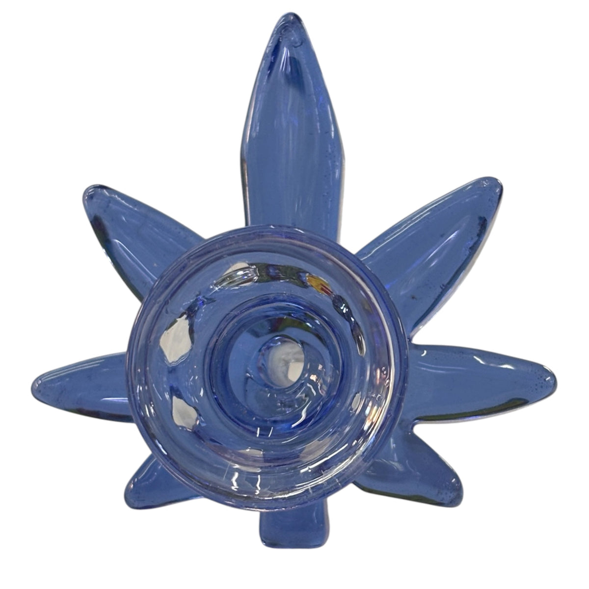 Blue weed leaf glass bowl piece with pointed leaf-style edges, round bowl opening in the centre, small side handle, and clear joint on a white background. The Wee Smoke Shop