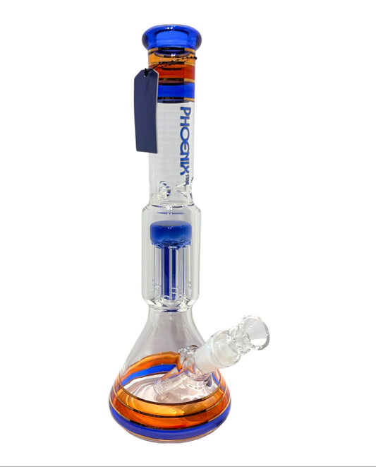 Glass smoking bong with blue and orange accents on a white background