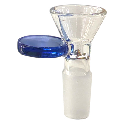 Clear 14mm glass bowl piece with a frosted male joint, funnel-shaped bowl, and flat blue side handle. - The Wee Smoke Shop