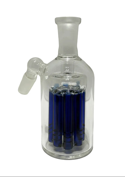 Clear glass ash catcher with blue color perc inside on a white background