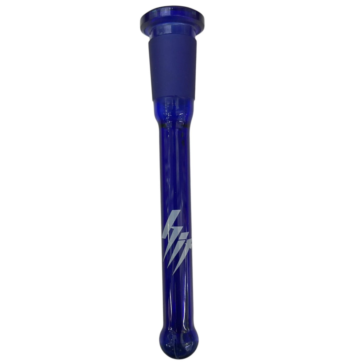 Cobalt blue glass 14mm downstem with a frosted joint, closed-end tip, and diffused slits near the base. Includes a white lightning-style logo on the body. - The Wee Smoke Shop