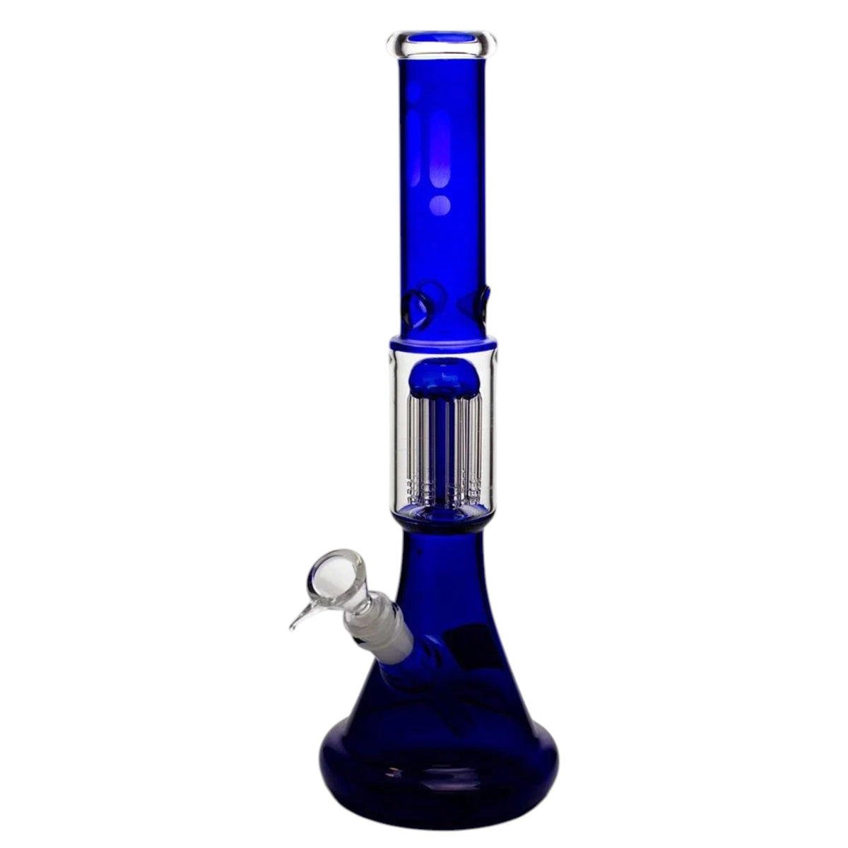 Blue and clear 14 inch glass beaker bong with a blue coloured neck and base, clear tree percolator chamber, angled bowl, and diffused downstem on a white background. The Wee Smoke Shop