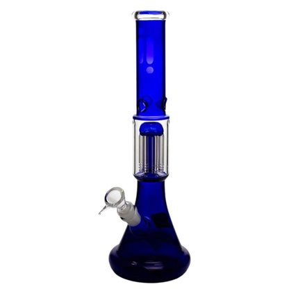 Blue and clear 14 inch glass beaker bong with a blue coloured neck and base, clear tree percolator chamber, angled bowl, and diffused downstem on a white background. The Wee Smoke Shop