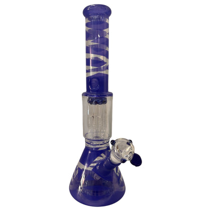 Blue spiral stripe glass beaker bong with a blue mouthpiece, blue patterned neck and base, clear percolator chamber, angled bowl, and diffused downstem. The Wee Smoke Shop