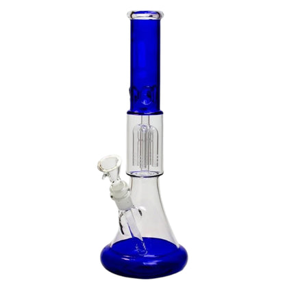 Blue and clear 14 inch glass beaker bong with a blue mouthpiece tube, blue beaker base, clear 4-arm percolator chamber, angled bowl, and diffused downstem on a white background. The Wee Smoke Shop